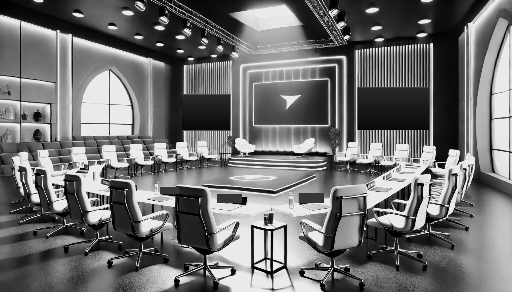 A black-and-white pitch room: a ring of white chairs around a lit stage with screens